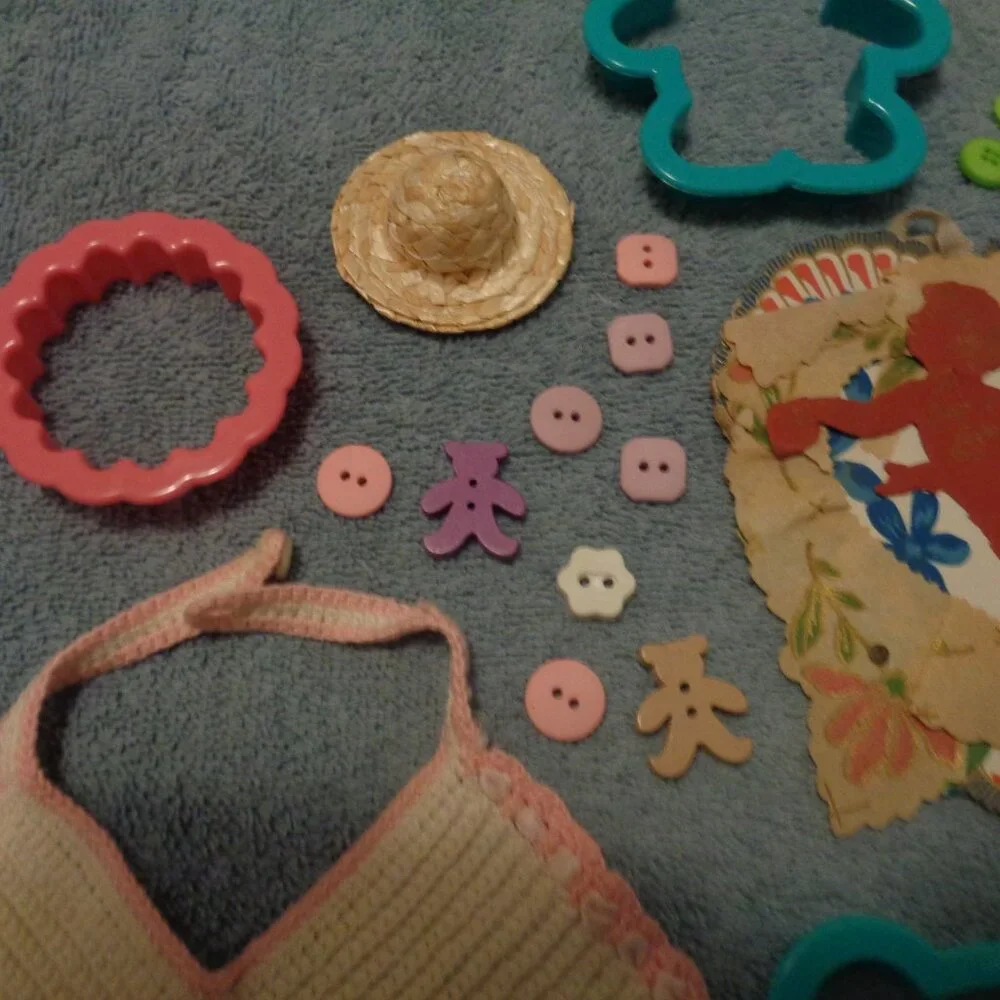 VINTAGE DOLL BIB, OLD VALENTINE, BABY SPOON, STOCKING, COOKIE CUTT, BUTTONS LOT